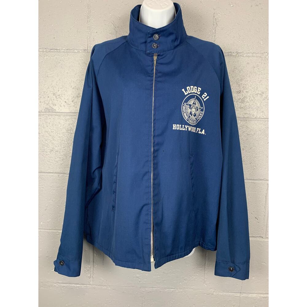 Vtg 70s Windbreaker Fraternal Order Police Hollywood FL Navy Blue Mock Neck  XL
